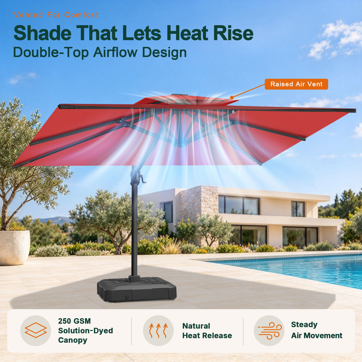 Cantilever burgundy patio umbrella with 360-degree foot-pedal rotation for easy shade adjustment - Sunshade