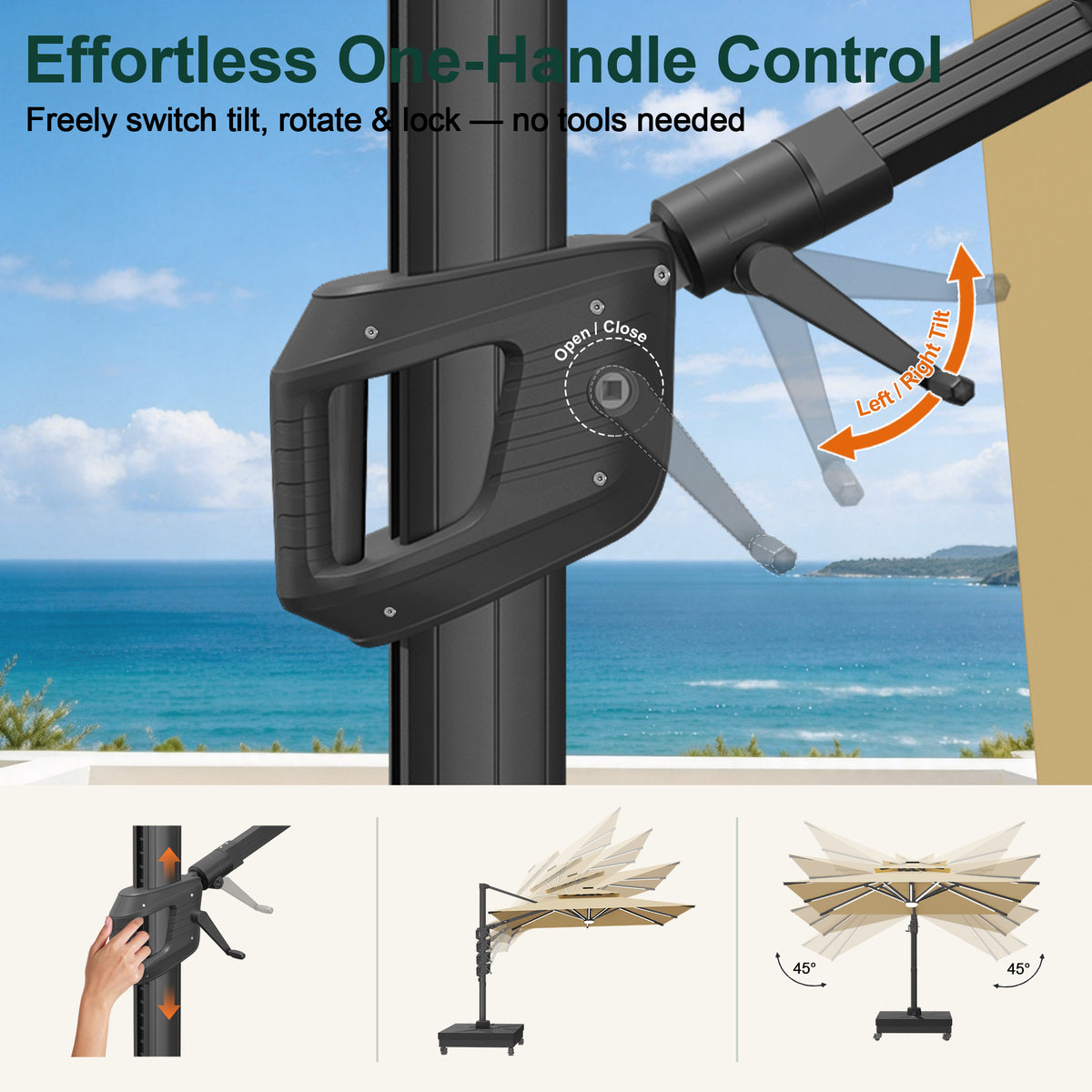 Close-up of beige cantilever umbrella handle and crank for tilt and rotation - Sunshade
