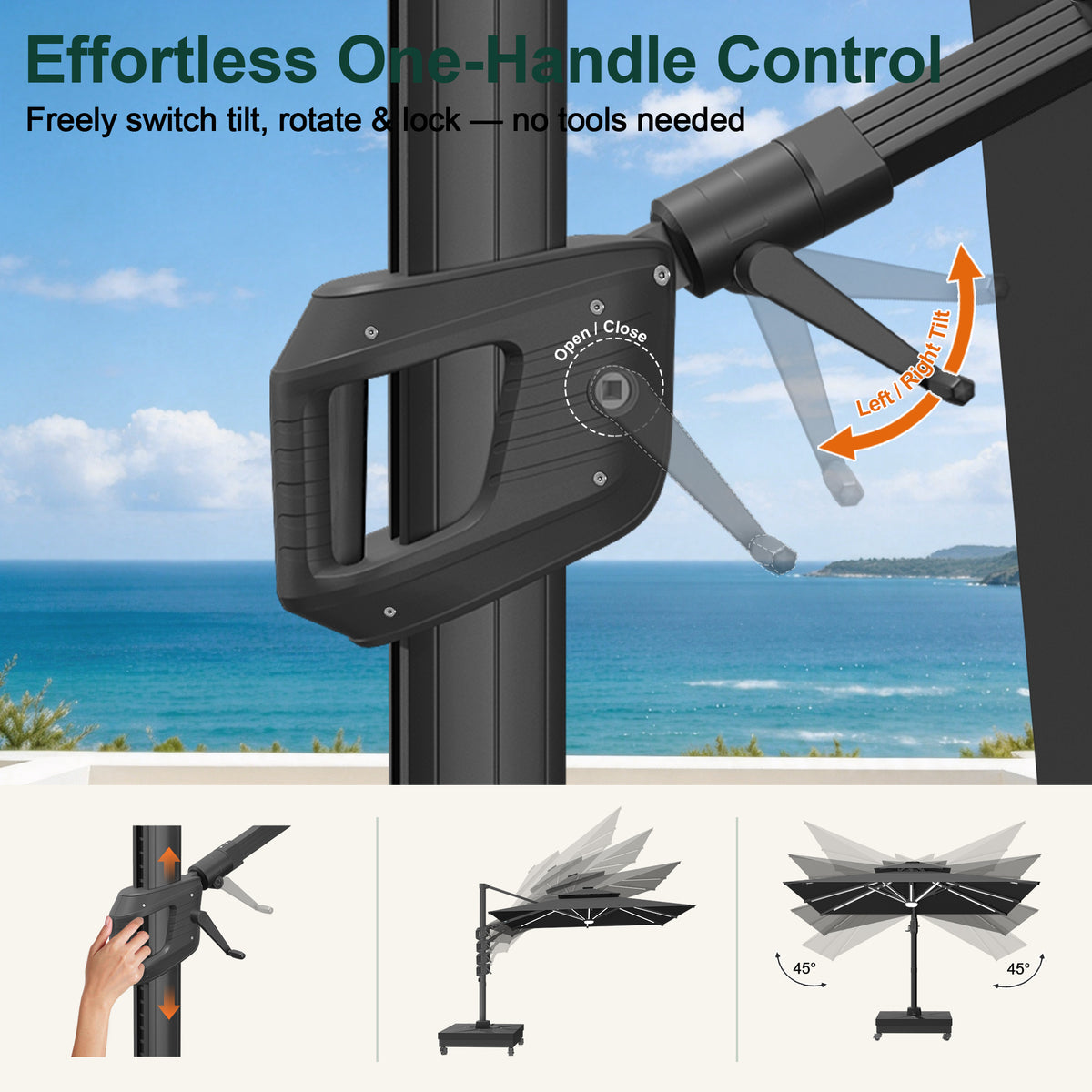 Close-up of black cantilever umbrella handle and crank for tilt and rotation - Sunshade