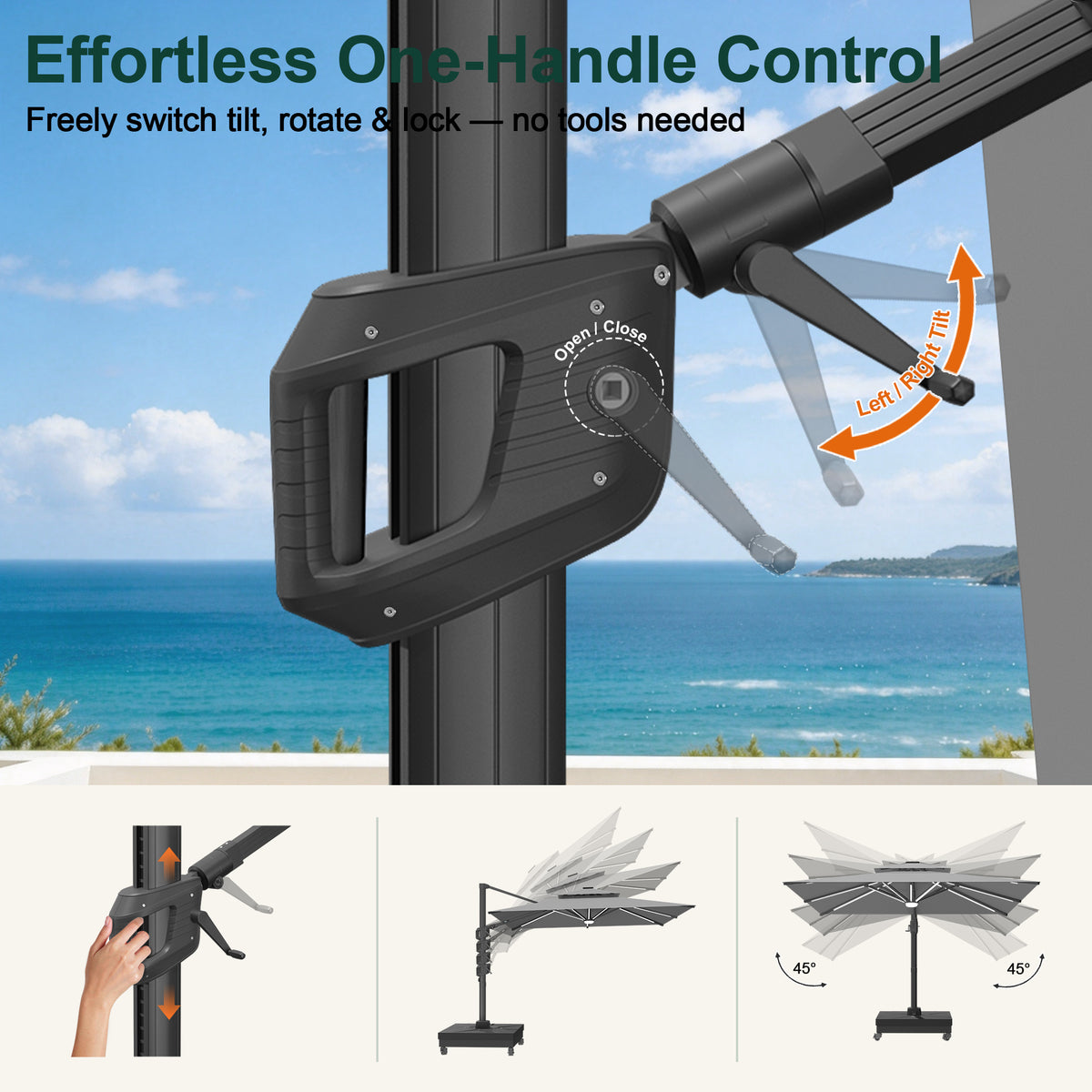 Close-up of charcoal cantilever umbrella handle and crank for tilt and rotation - Sunshade