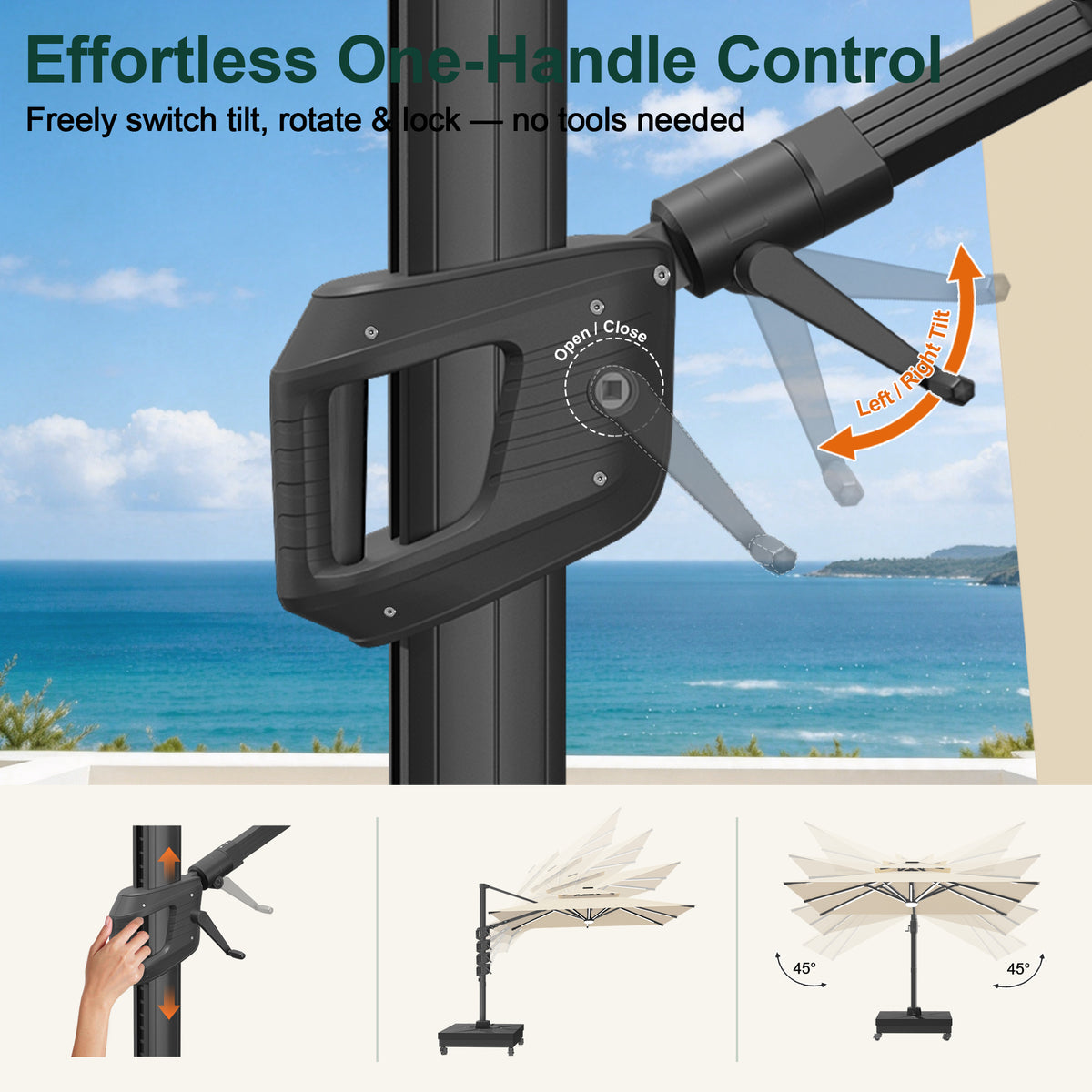 Close-up of cream cantilever umbrella handle and crank for tilt and rotation - Sunshade