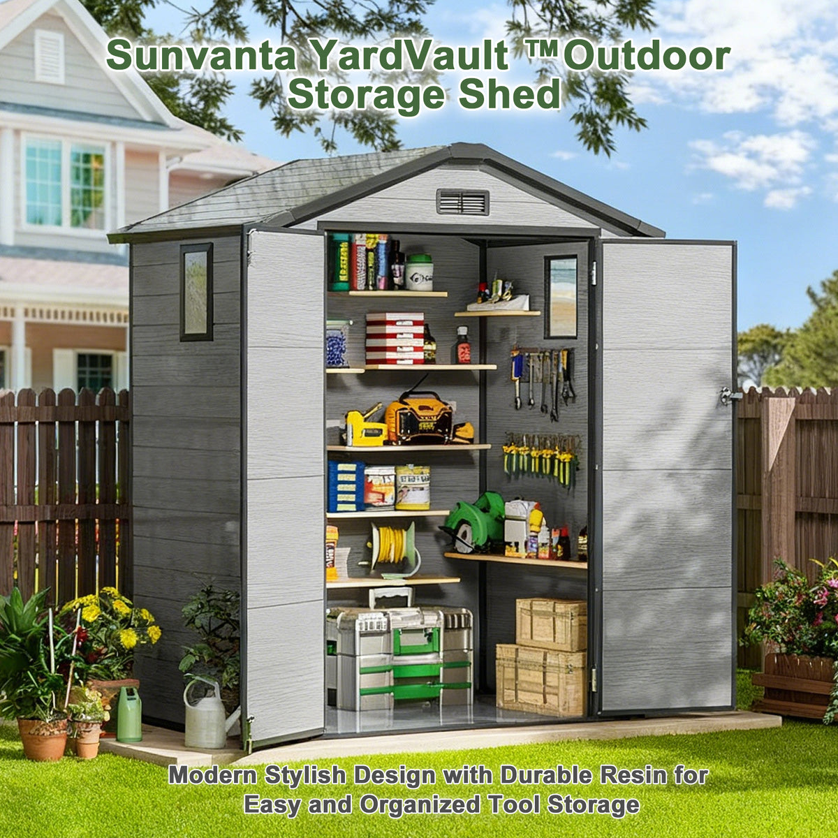 Outdoor Resin Storage Shed with Wide Double Doors and Ventilated Gable Roof for Garden Tools & Lawn Equipment, Gray