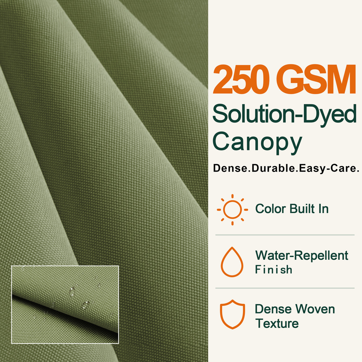 250 GSM solution-dyed sage green fabric canopy with water-repellent finish and dense weave - Sunshade