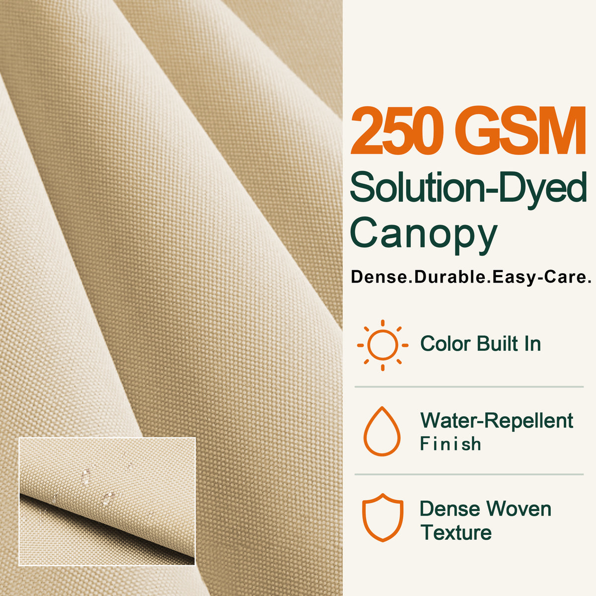 250 GSM solution-dyed cream fabric canopy with water-repellent finish and dense weave - Sunshade