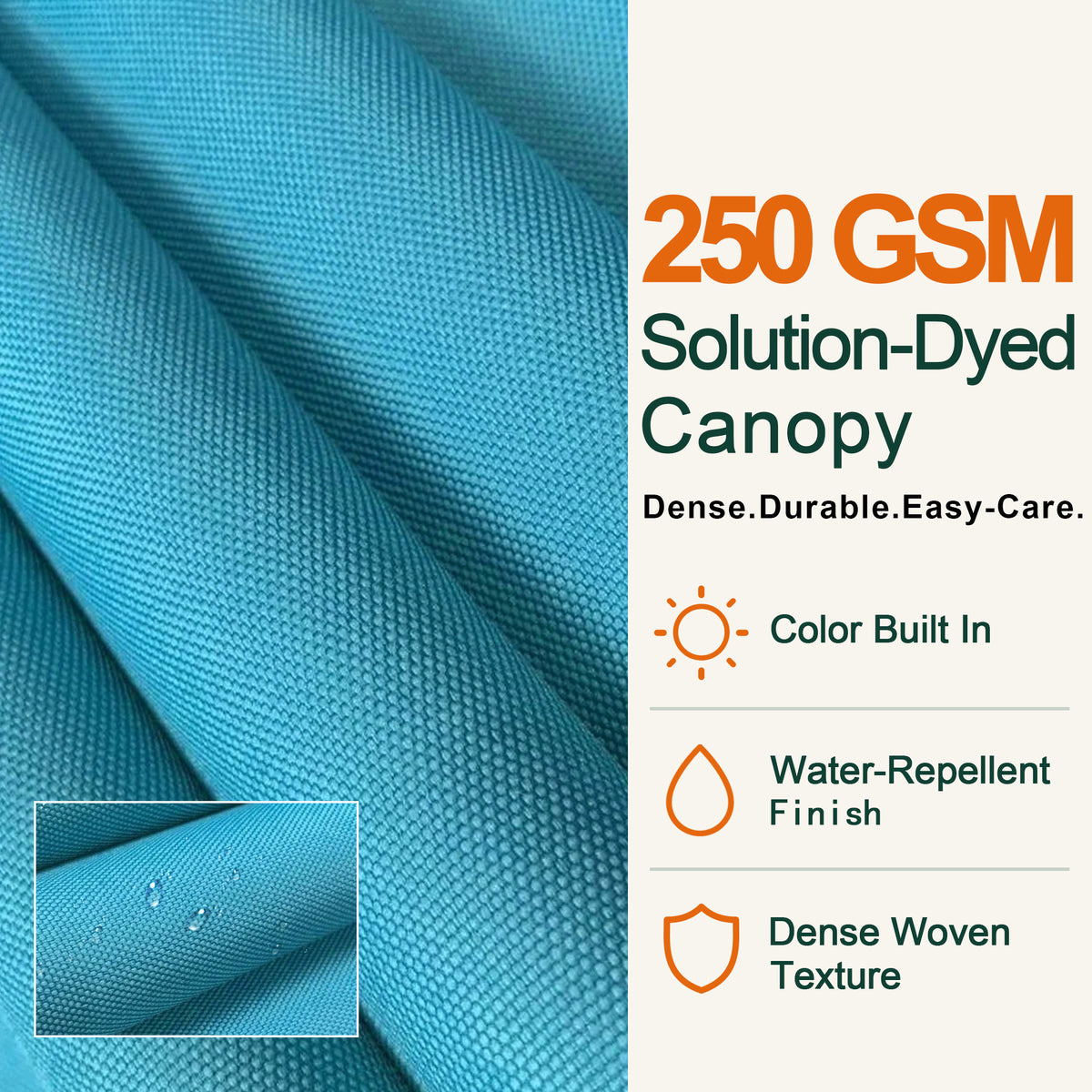 250 GSM solution-dyed turquoise fabric canopy with water-repellent finish and dense weave - Sunshade