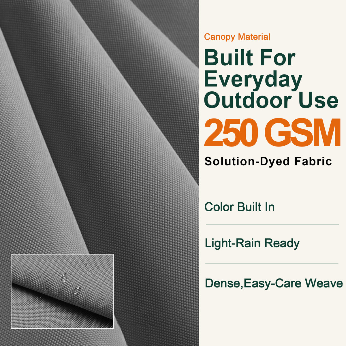 Close-up of charcoal 250 GSM solution-dyed canopy fabric for the Aegis Pro umbrella - Sunshade