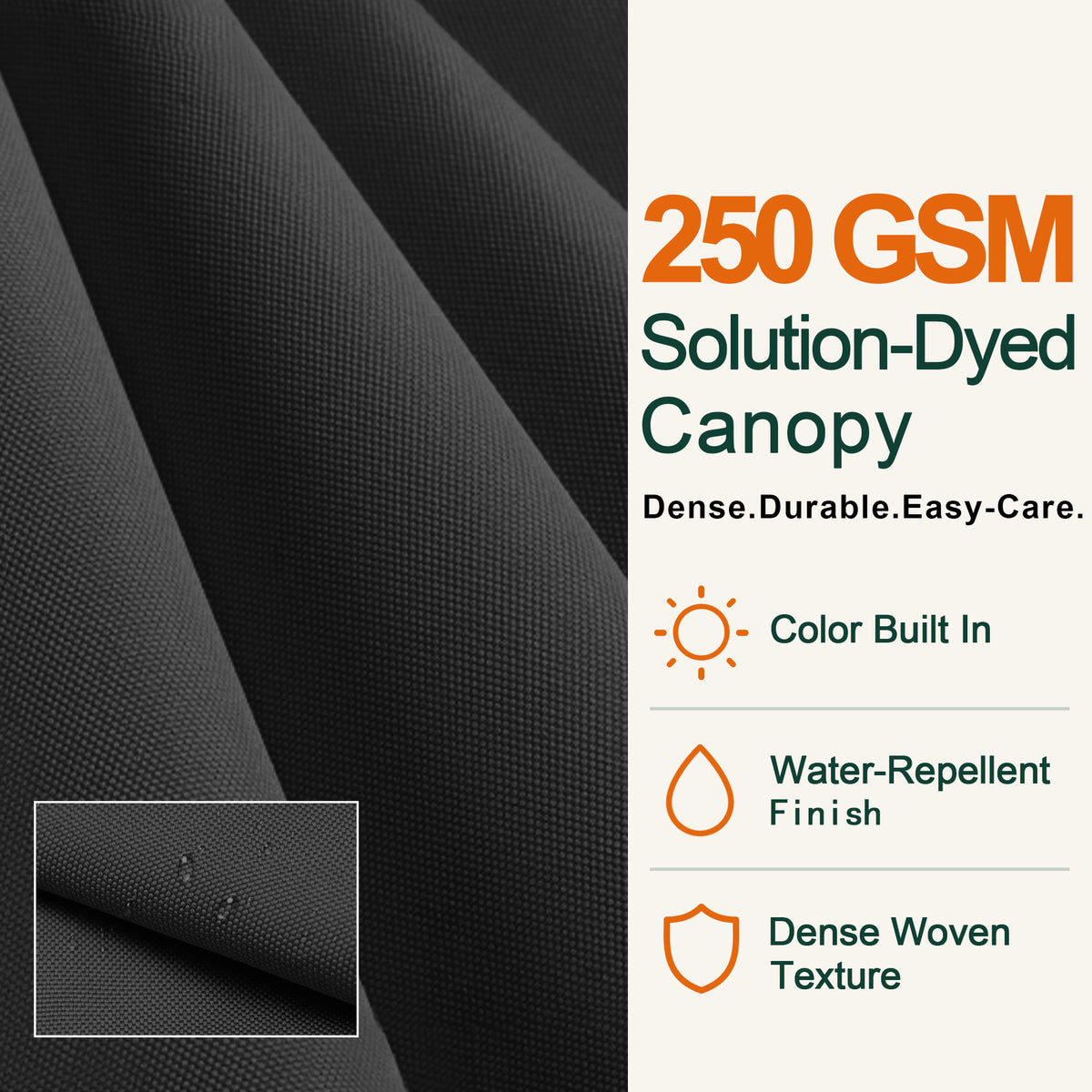 250 GSM solution-dyed black fabric canopy with water-repellent finish and dense weave - Sunshade