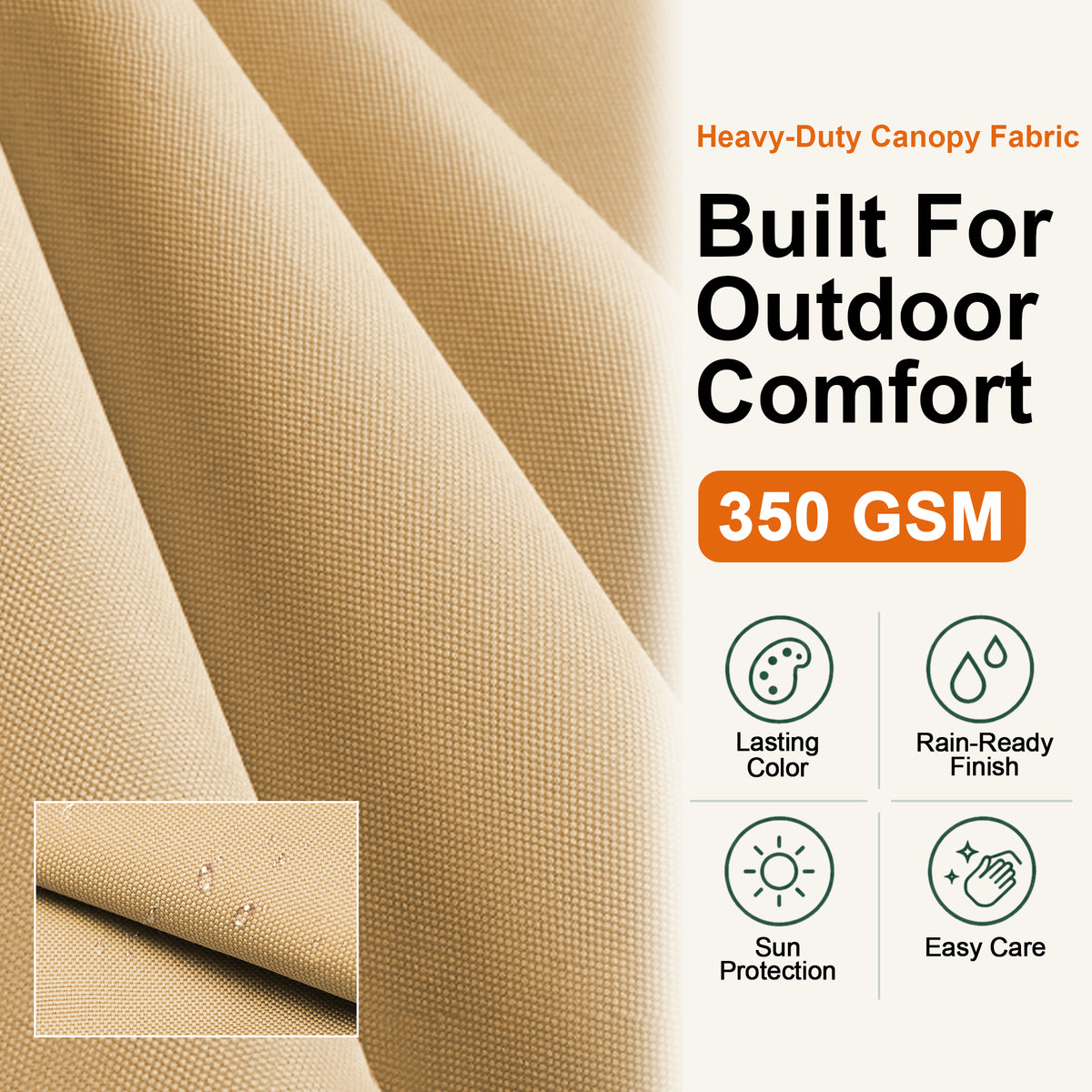 Close-up of beige 350 GSM cantilever umbrella canopy fabric with a rain-ready finish - Sunshade
