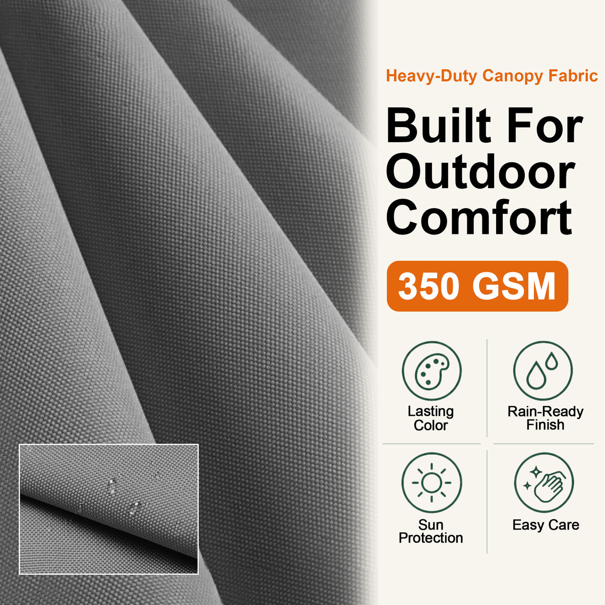 Close-up of charcoal 350 GSM cantilever umbrella canopy fabric with a rain-ready finish - Sunshade