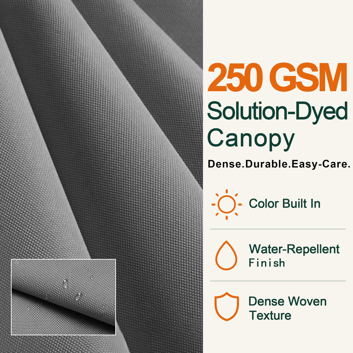 250 GSM solution-dyed charcoal fabric canopy with water-repellent finish and dense weave - Sunshade