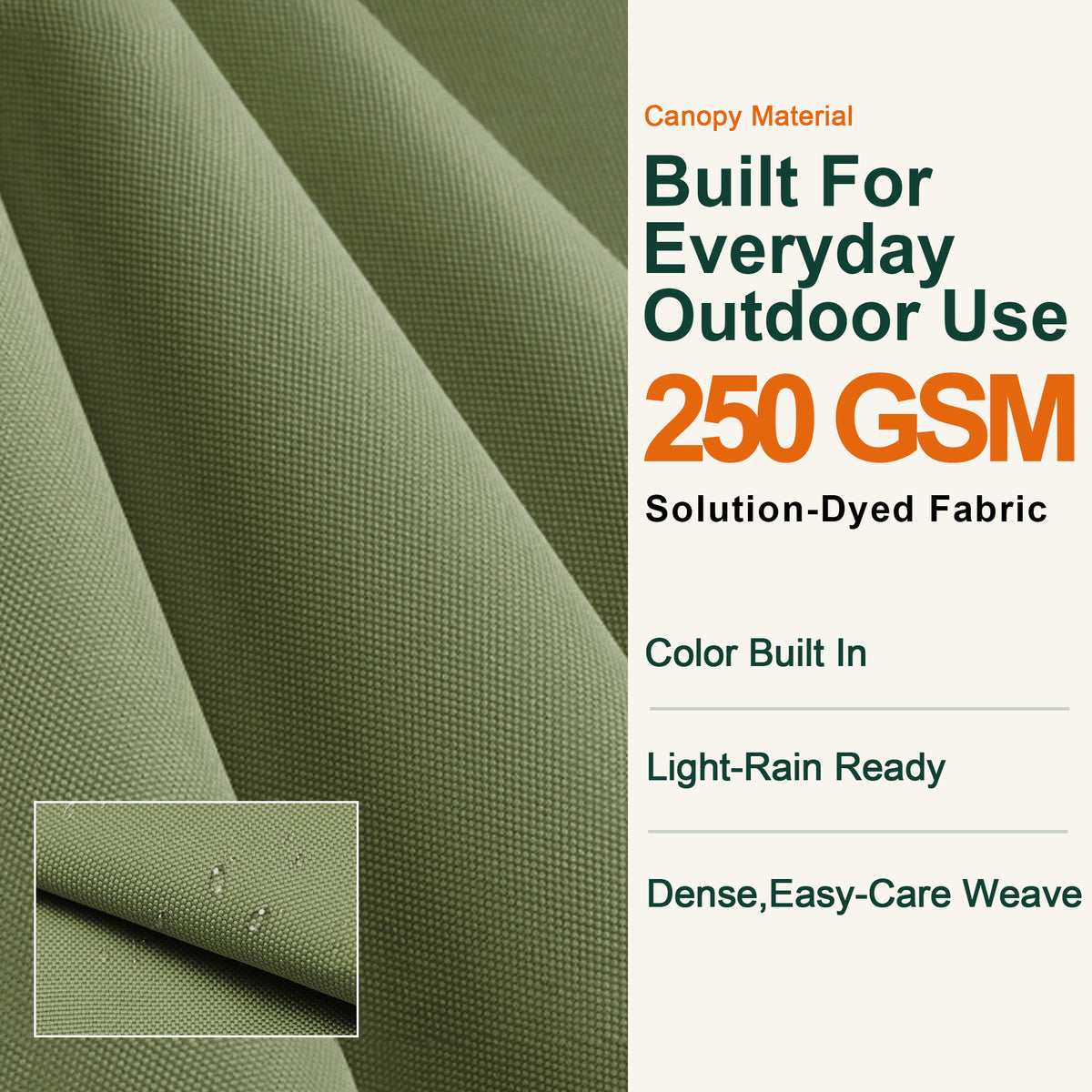 Close-up of sage green 250 GSM solution-dyed canopy fabric for the Aegis Pro umbrella - Sunshade