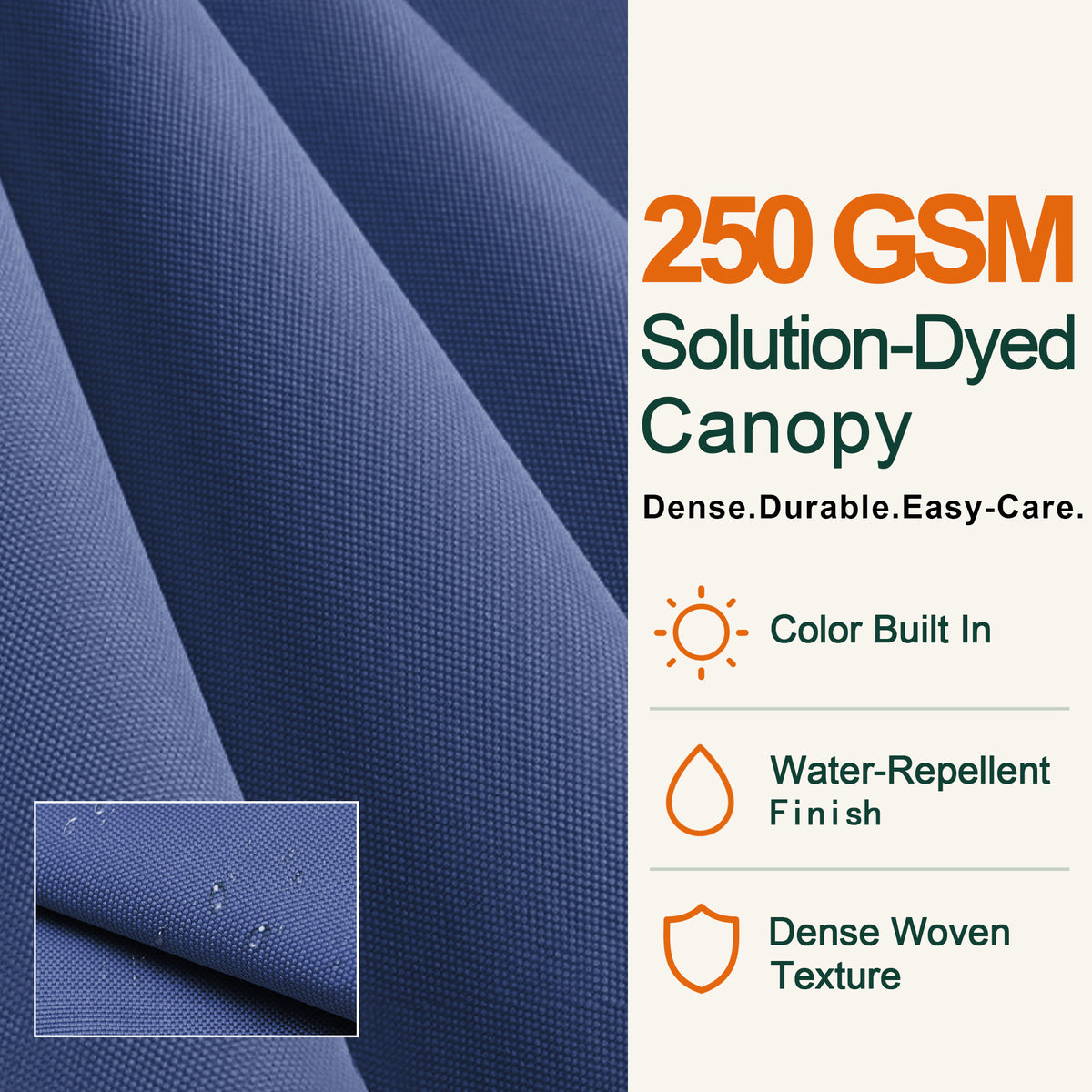 250 GSM solution-dyed navy blue fabric canopy with water-repellent finish and dense weave - Sunshade