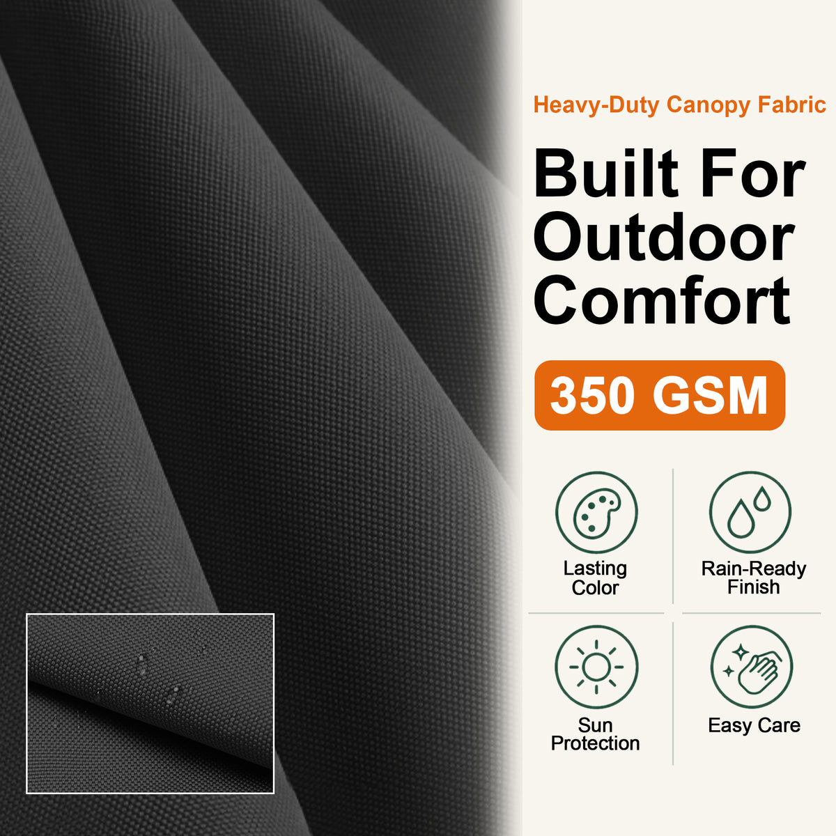 Close-up of black 350 GSM cantilever umbrella canopy fabric with a rain-ready finish - Sunshade