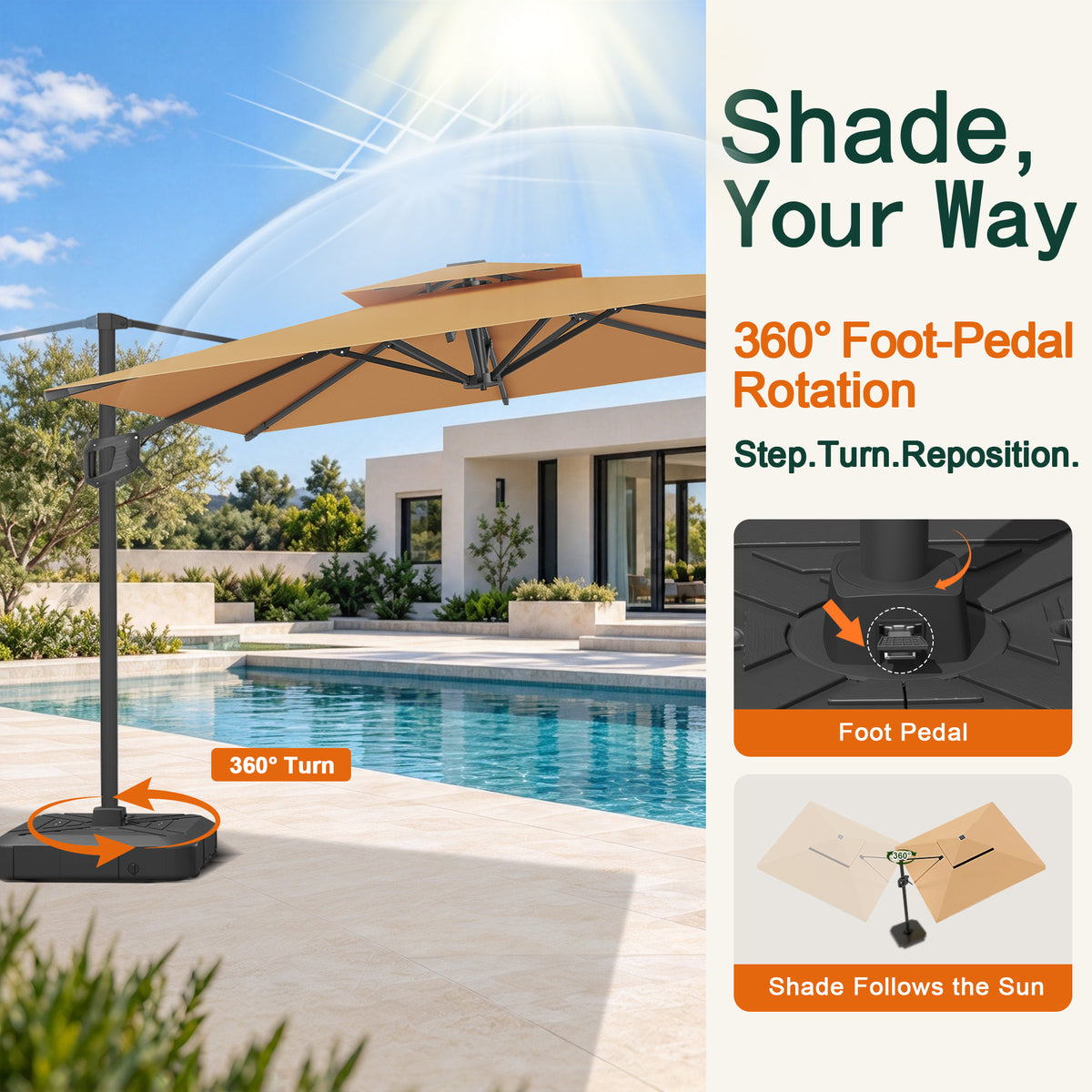 Cantilever tan patio umbrella with 360-degree foot-pedal rotation for easy shade adjustment - Sunshade