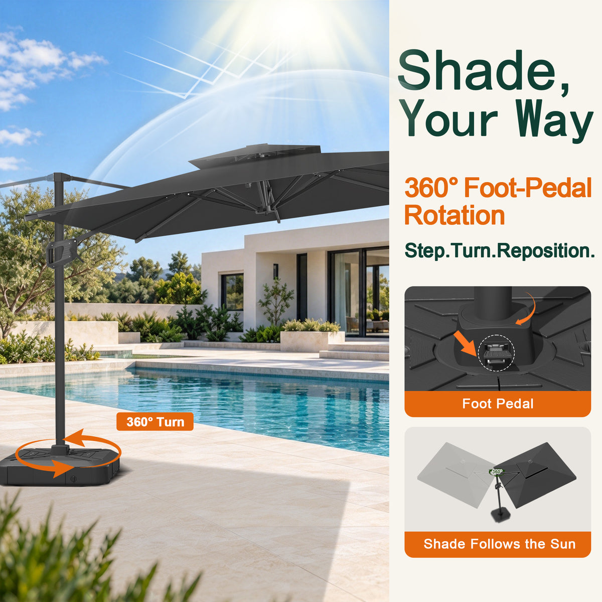 Double-top vented black patio umbrella with raised air vent for heat release and stability - Sunshade