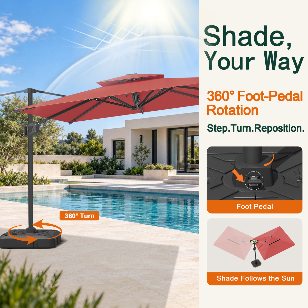Double-top vented burgundy patio umbrella with raised air vent for heat release and stability - Sunshade