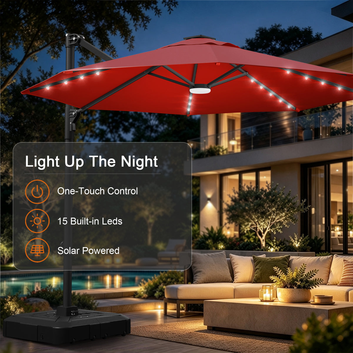 Burgundy round cantilever umbrella with 15 solar-powered LED lights on a poolside patio - Sunshade