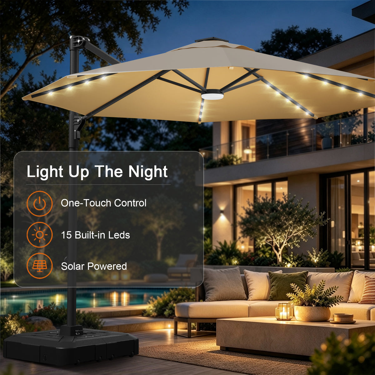 Beige round cantilever umbrella with 15 solar-powered LED lights on a poolside patio - Sunshade