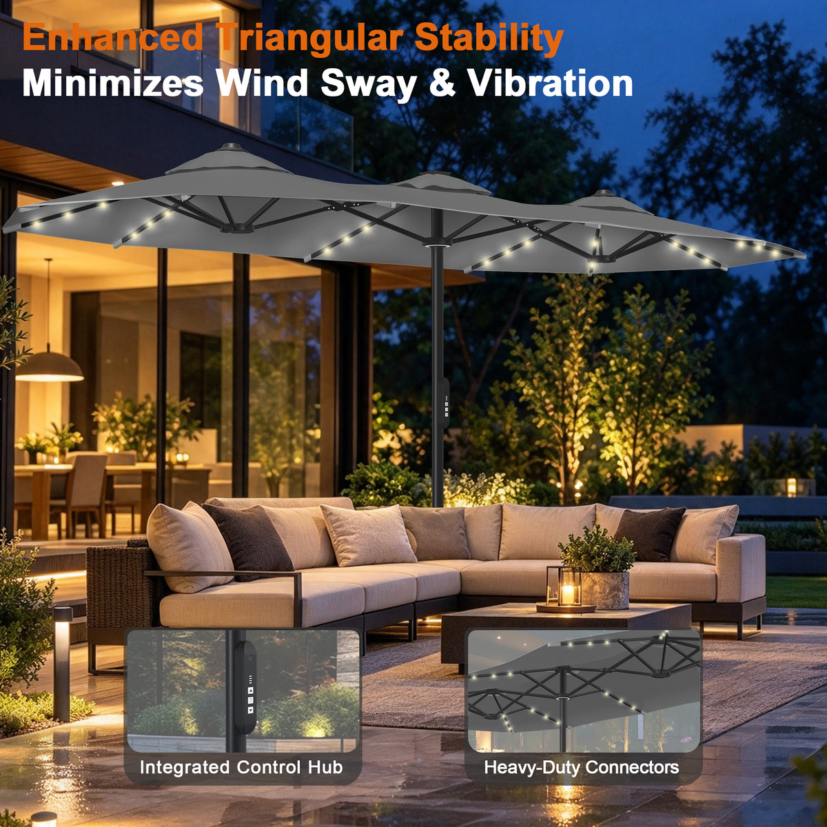 Premium Motorized Double-Sided Patio Umbrella with Remote Control & Solar LED Lights — Effortless Shade for Modern Outdoor Living