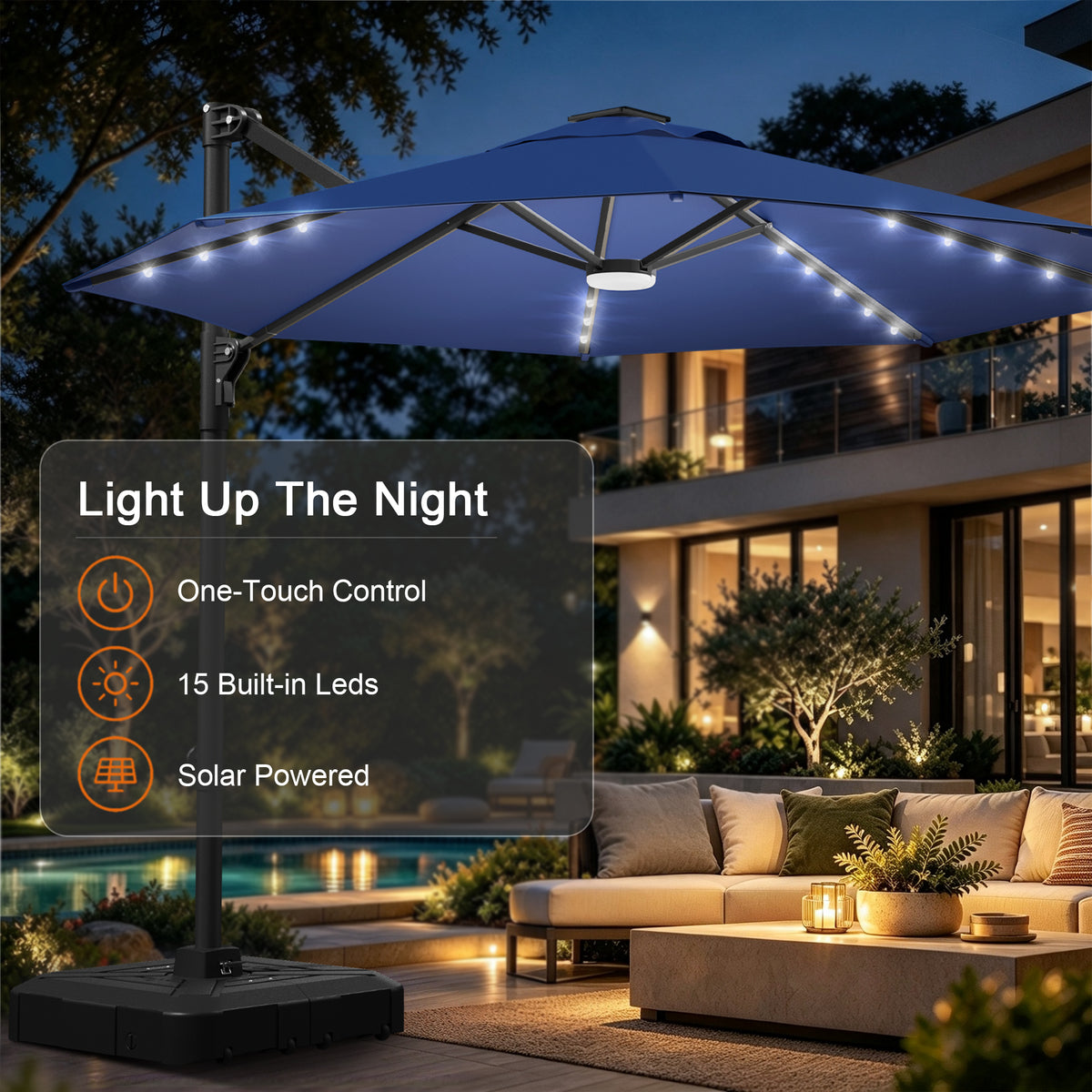 Charcoal round cantilever umbrella with 15 solar-powered LED lights on a poolside patio - Sunshade