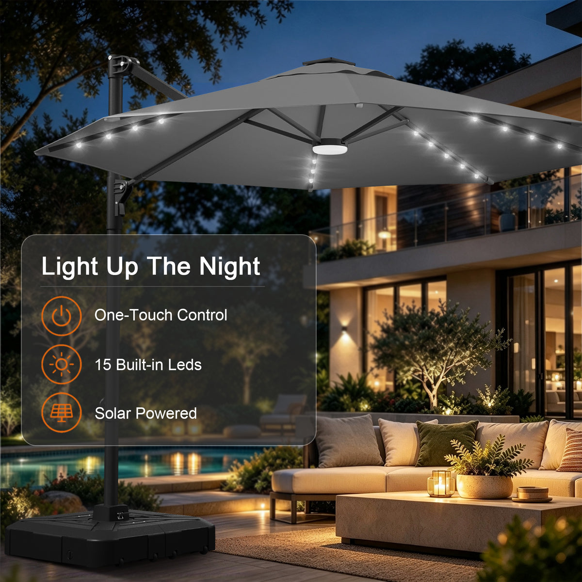 Charcoal round cantilever umbrella with 15 solar-powered LED lights on a poolside patio - Sunshade