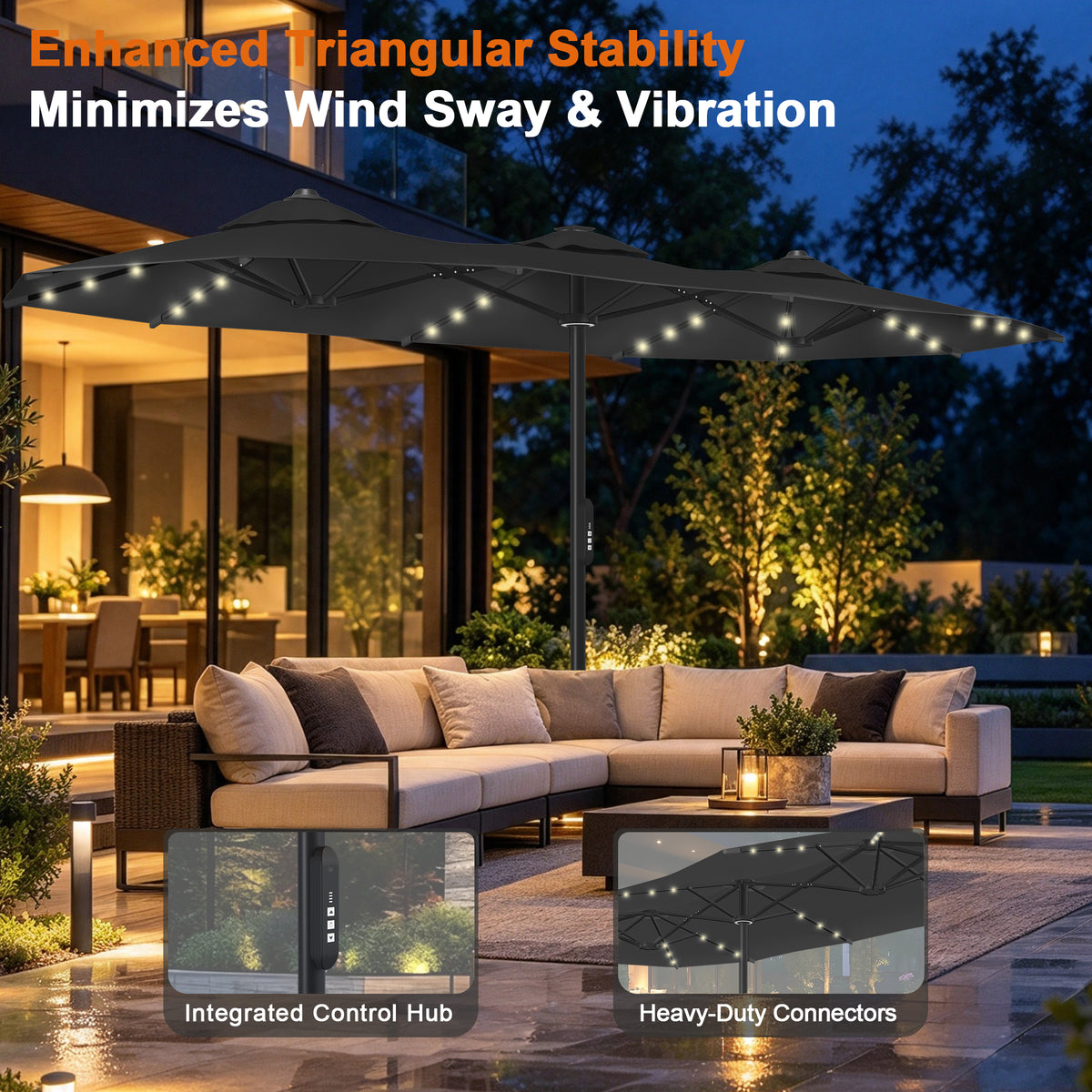 Premium Motorized Double-Sided Patio Umbrella with Remote Control & Solar LED Lights — Effortless Shade for Modern Outdoor Living