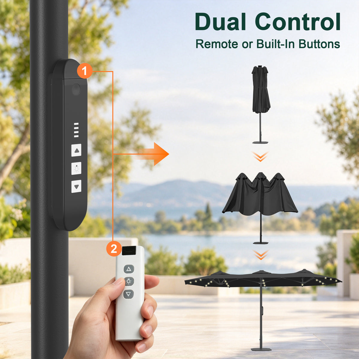 Premium Motorized Double-Sided Patio Umbrella with Remote Control & Solar LED Lights — Effortless Shade for Modern Outdoor Living