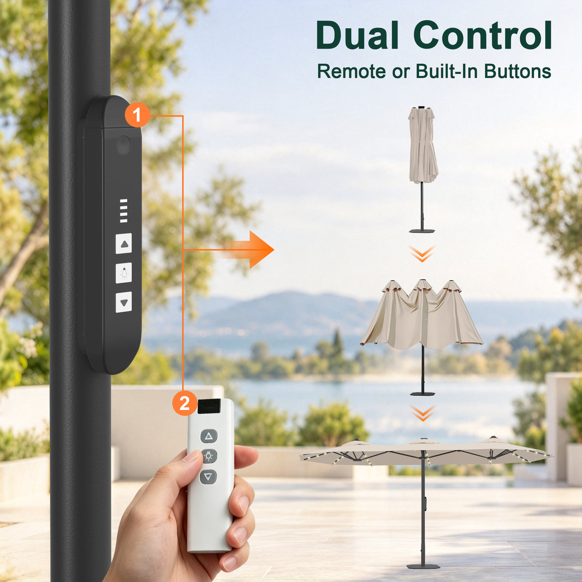 Premium Motorized Double-Sided Patio Umbrella with Remote Control & Solar LED Lights — Effortless Shade for Modern Outdoor Living