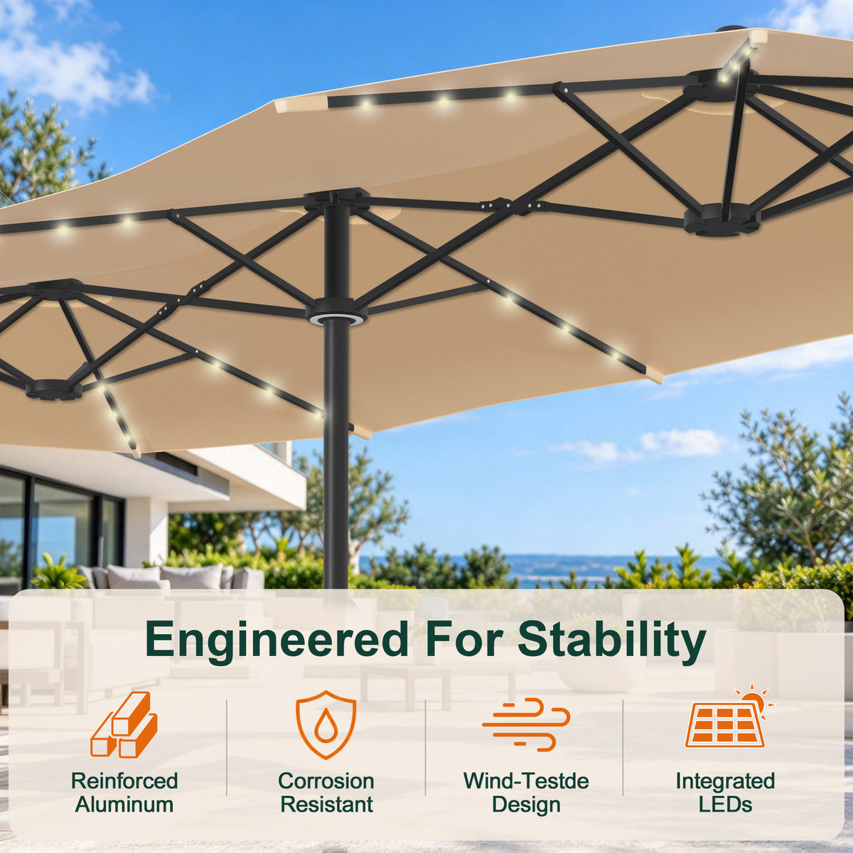 Beige patio umbrella with a reinforced aluminum frame, corrosion-resistant finish, and integrated LED lighting - Sunshade