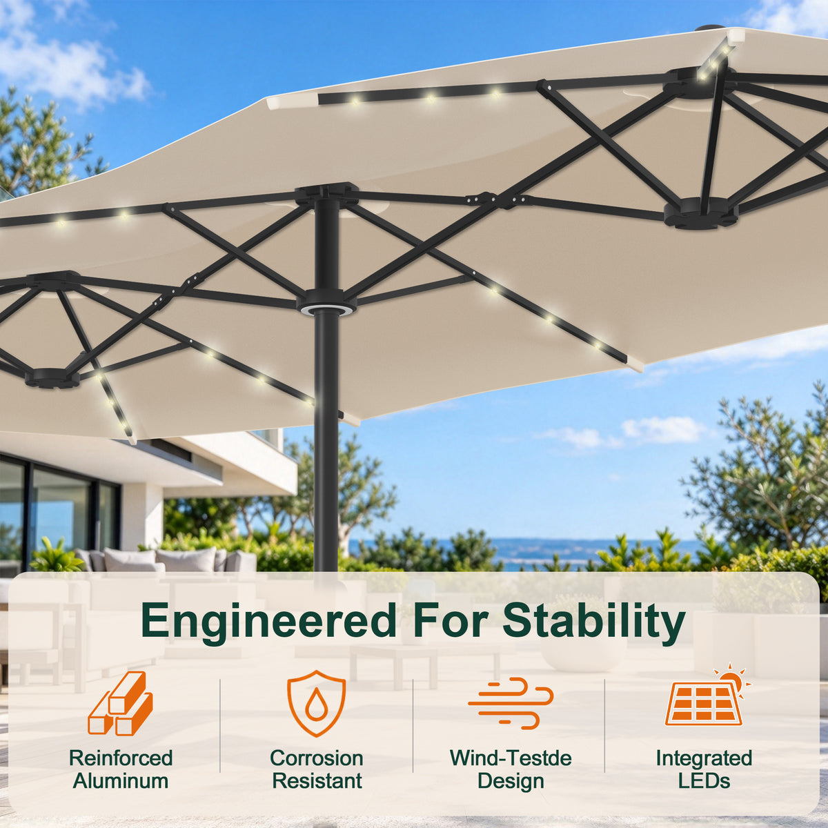 Premium Motorized Double-Sided Patio Umbrella with Remote Control & Solar LED Lights — Effortless Shade for Modern Outdoor Living
