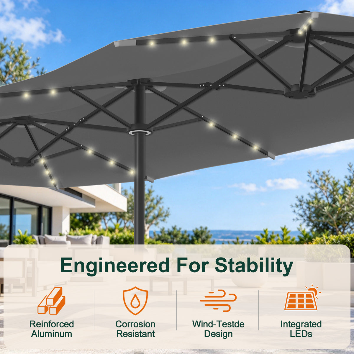 Premium Motorized Double-Sided Patio Umbrella with Remote Control & Solar LED Lights — Effortless Shade for Modern Outdoor Living