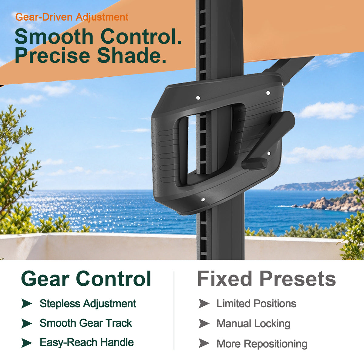 Gear-driven tilt handle on an Aegis Pro umbrella compared with fixed-position controls - Sunshade