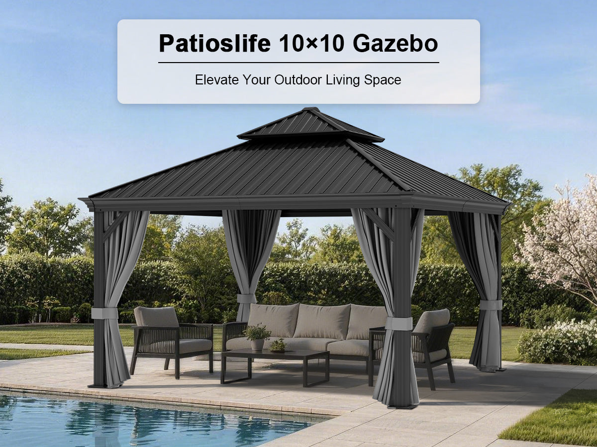 Sunshade Heavy-Duty Hardtop Gazebo with Double-Vented Steel Roof, 4.7-Inch Aluminum Posts, Curtains & Netting