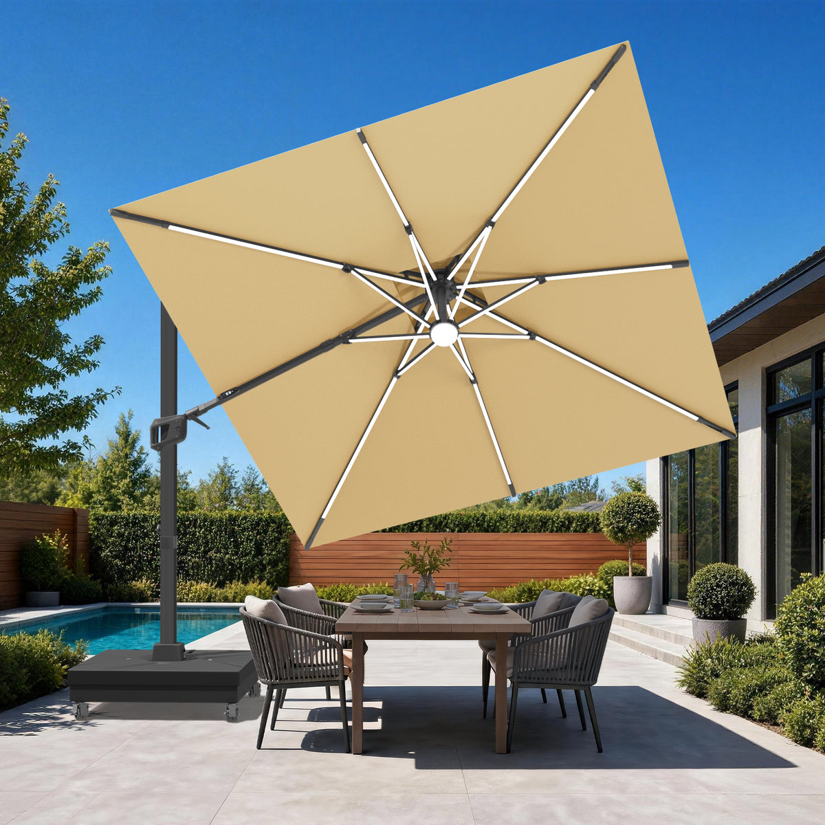 Sunshade Aegis Signature Solar LED Cantilever Patio Umbrella with 360° Rotation & Stepless 3-Way Tilt — 10 × 10 ft. or 10 × 13 ft.