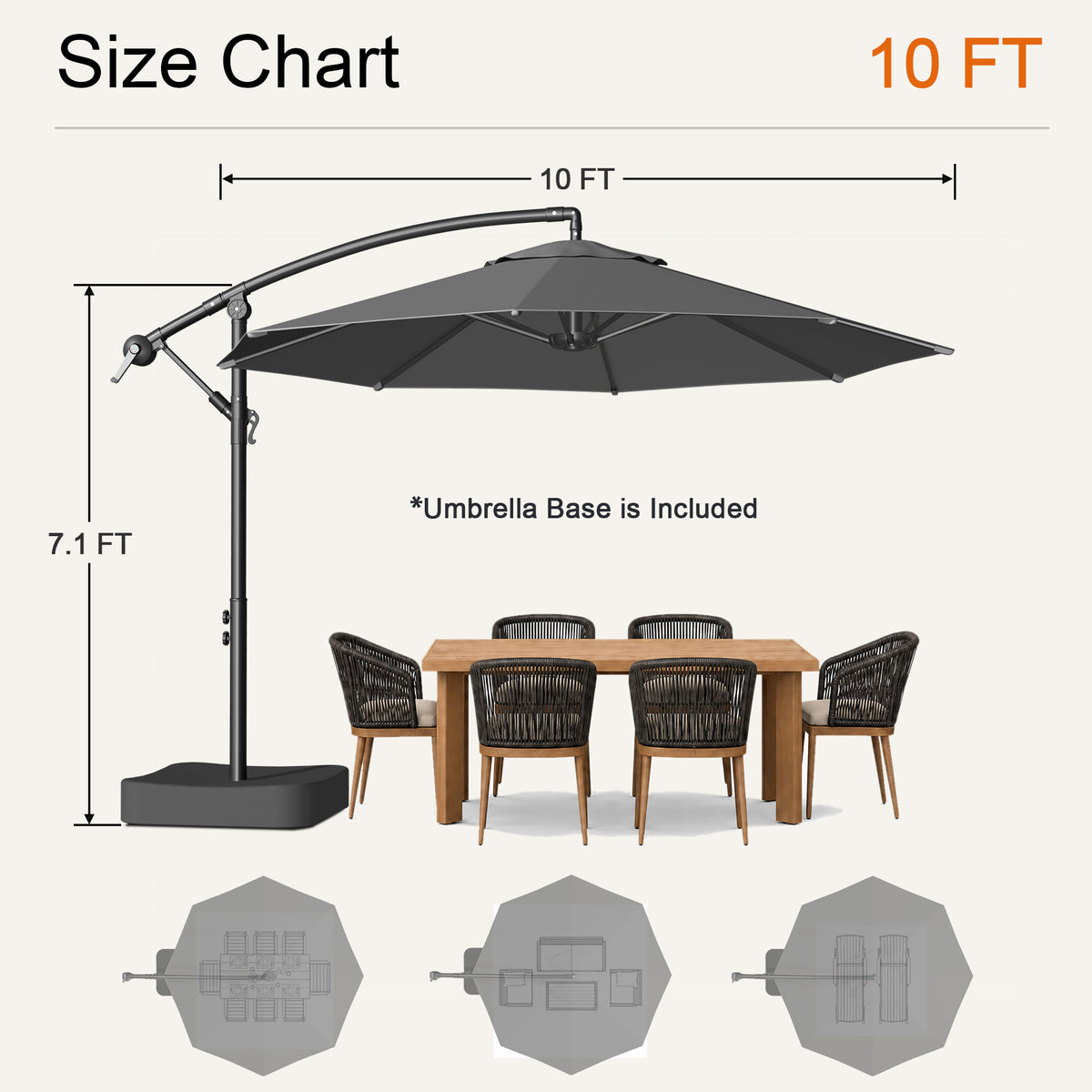 Black 10 ft cantilever patio umbrella size chart showing 7.1 ft height and included base - Sunshade