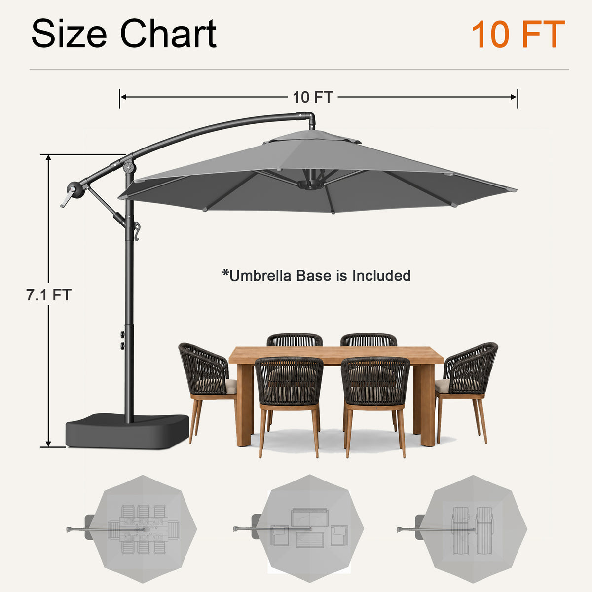 Charcoal 10 ft cantilever patio umbrella size chart showing 7.1 ft height and included base - Sunshade